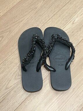 Havaianas Top Black Beaded Flip Flops, Embellished Straps, Size 37-38 (US 7/8)